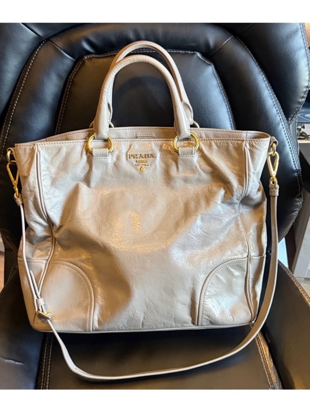 Prada Beige/Gray Leather Tote with Removable Shoulder Strap